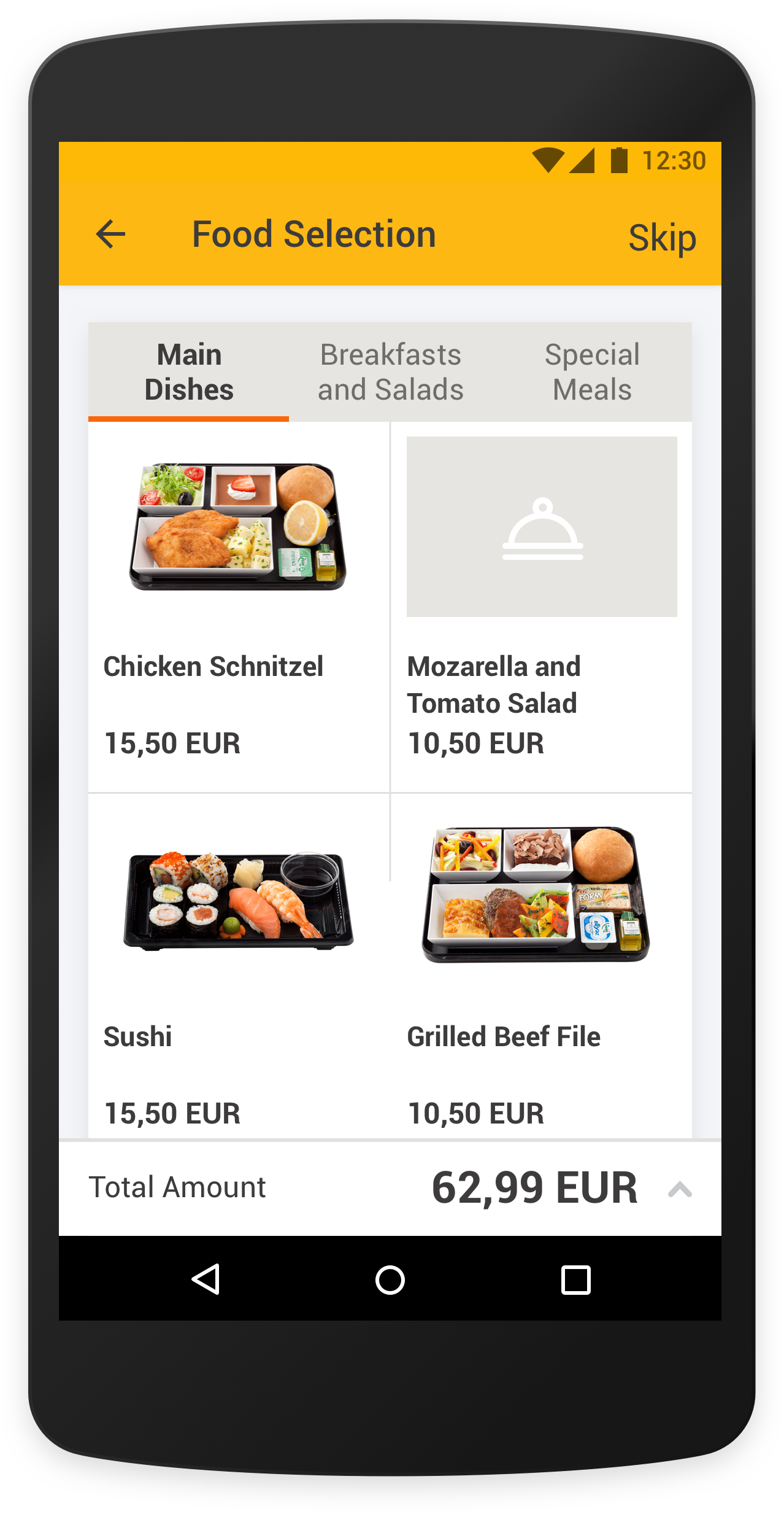 Pegasus Airlines Mobile App Food Selection