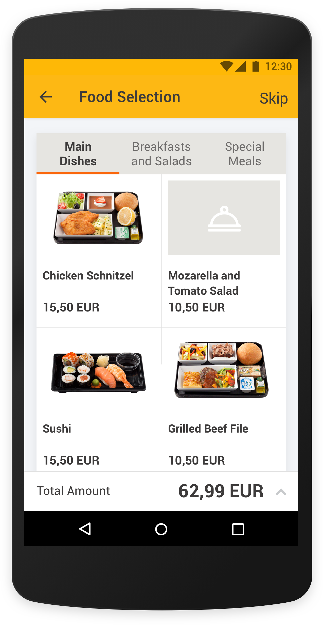 Pegasus Airlines app meal selection